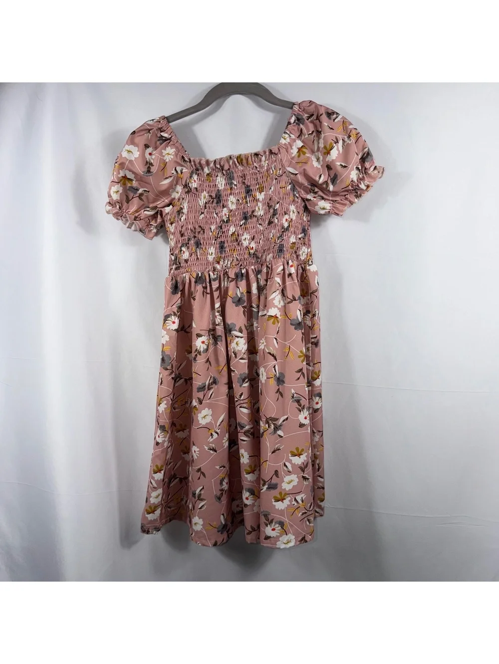 Girls XL Pink Floral Smocked Puff Sleeve Midi Dress Cottagecore